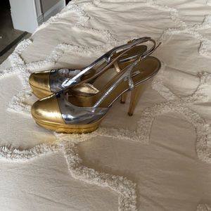 Miu Miu sling backs. Silver and gold.